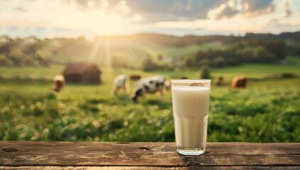 A glass of milk is on a table in front of a field with cows grazing.