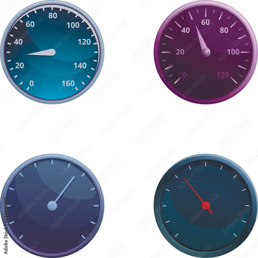 Poster automobile speedometer icons set cartoon vector. different style of speedometer. speed indicator