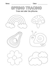Handwriting practice worksheets for kids, Tracing lines for kids with Spring Themes, Handwriting practice, Design for children. Simple line drawing practice for preschool children.