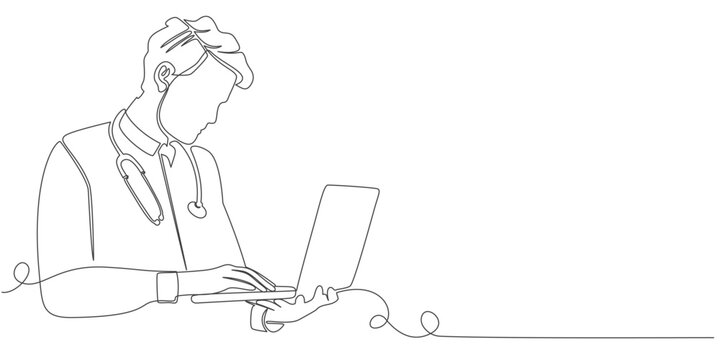 recommend clip art: Doctor working on laptop line art style vector illustration