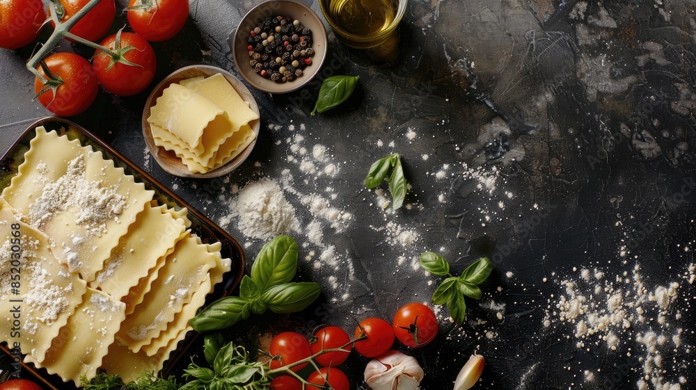 Wall mural Fresh pasta sheets and ingredients for cooking on dark countertop