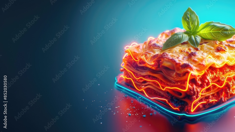 Wall mural Savory lasagna with vibrant lighting, garnished basil leaves, against teal background