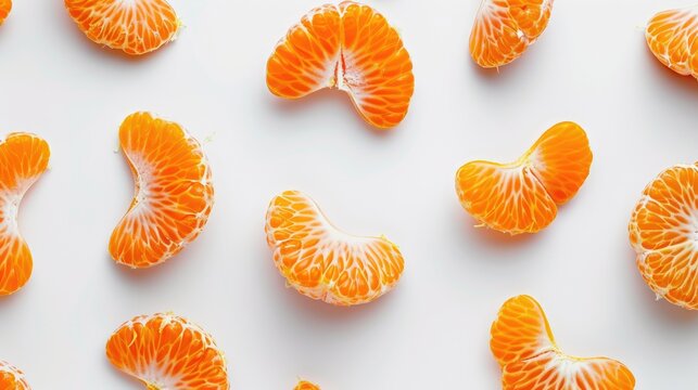Mandarin orange segments viewed from above on a white backdrop