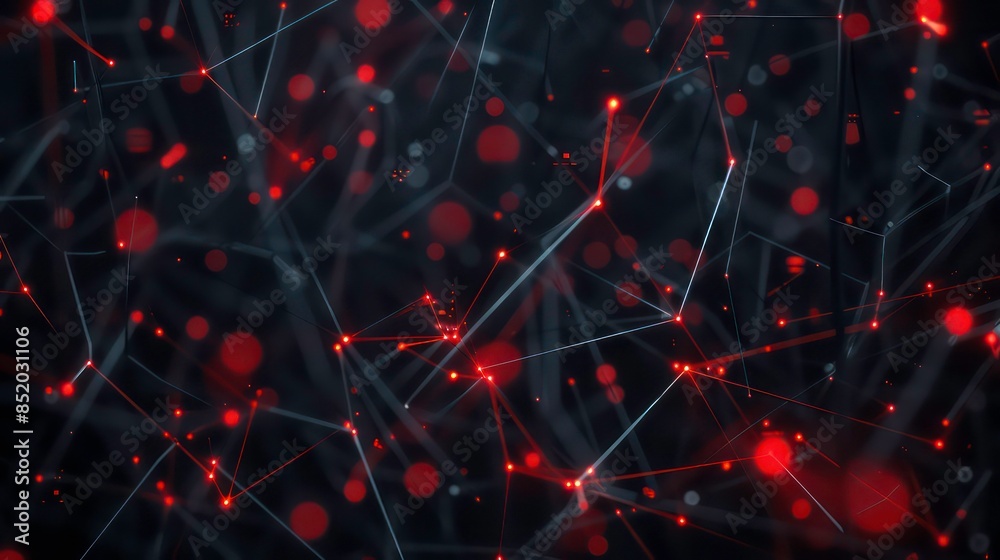 Sticker this moody, dark abstract showcases a network of technology nodes and connections illuminated by sub