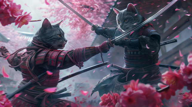 fierce cat samurai engaged in dramatic sword duel, cherry blossoms in full bloom, intense and dynamic combat