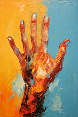 Abstract painting of a human hand on a vibrant background. Concept of human expression. Oil painting. Metaphorical associative card. Psychological abstract picture. Vertical