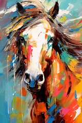 Fototapeta premium Colorful impressionistic oil painting of a horse on a vibrant background. Concept of equine art, abstract animal art. Metaphorical associative card. Psychological abstract picture. Vertical