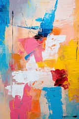 Fototapeta premium Abstract colorful oil painting with brushstrokes of blue yellow pink white and red. Concept of abstract wallpaper. Metaphorical associative card. Psychological abstract picture. Vertical