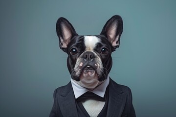 A black and white French Bulldog, wearing a formal business suit, stares directly at the camera