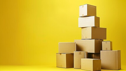 Fototapeta premium tower made of cardboard boxes with solid yellow background; delivery advertising concept; copy space for your logo or text.
