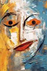 Colorful abstract face with expressive eyes. Concept of identity, emotion, uniqueness. Oil painting. Metaphorical associative card. Psychological abstract picture. Vertical