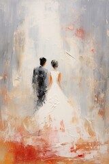 Obraz premium Couple wedding attire standing together against a soft background. Concept of marriage, unity, partnership. Oil painting. Metaphorical associative card. Psychological abstract picture. Vertical