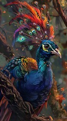 Obraz premium painting of blue peacock sitting on a branch of a tree, beautiful and graceful, peacock. intricate, blue phoenix bird, detailed beautiful animals, peacock, peaceful and graceful, 4 k highly detailed a