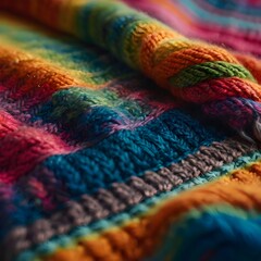 Fototapeta premium Details of an homemade knit sweater with colorful rainbow colors.