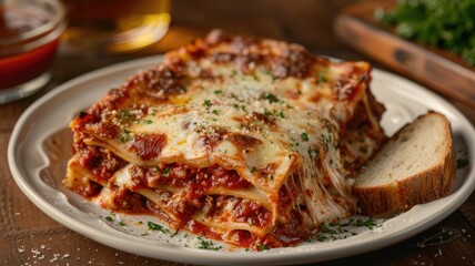 Delectable lasagna layered with rich meat sauce and melted cheese, garnished herbs