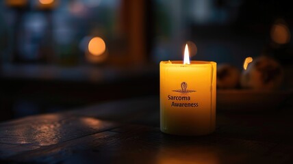 Lit candle in dark room with 'Sarcoma Awareness' text