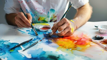 Naklejka premium Person painting with watercolors on white canvas, creating vibrant splashes