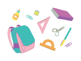 School supplies set.Cute stationery.Backpack, ruler, pencil.