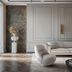Aesthetic elegant modern luxury minimalist interior design. Living space of the apartment with mouldings on the walls. Copy space in the room. Neutral palette of natural colors.