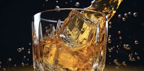 Glass of whiskey with ice cubes. Whiskey. Scotch whiskey. Glass of scotch whiskey and ice splashing. Splashing golden whiskey in glass with ice cubes on a black background with copy space. 