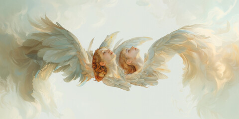 Abstract border of two angels, cherubs and seraphim. Watercolor painting. For Contemporary Christian Publications