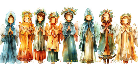 Watercolor illustration of praying angels.