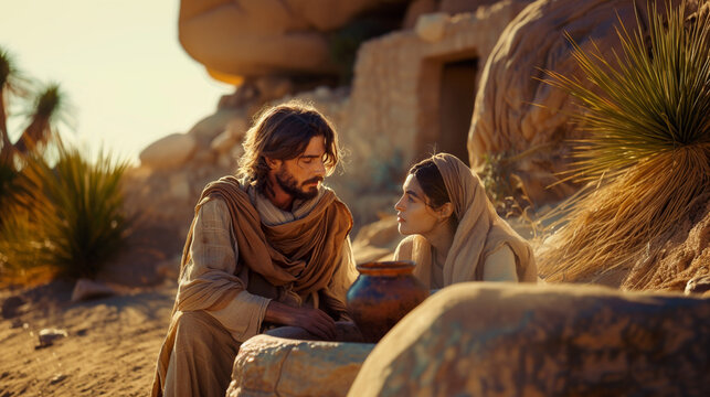 Conversation between Jesus Christ and the Samaritan woman at the well. Photo of the gospel event, biblical times. For Christian publications