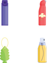 Aromatherapy accessory icons set cartoon vector. Room and car deodorant. Natural fragrance equipment