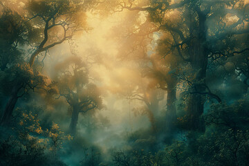 Mystical forest shrouded in fog with age-old trees creating mosaic of greens and earthy hues. Veiled by early morning's misty embrace.