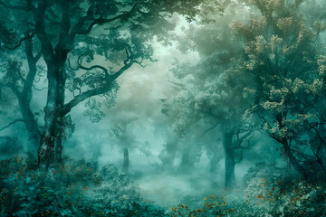 Veiled in early morning fog lies enchanted woodland, where historic trees blend spectrum of green and earthy colors.