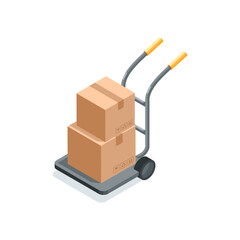 isometric vector wheelbarrow with boxes, in color on white background, warehouse inventory or parcel delivery