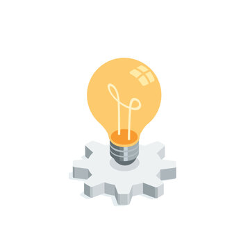 isometric vector light bulb on gear, in color on white background, create a fresh idea or electricity