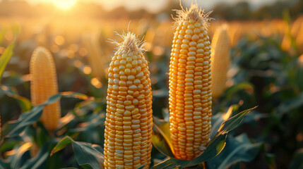 Corn cobs with corn plantation field background