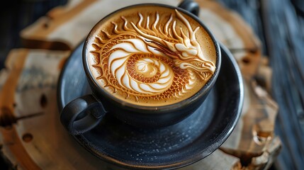Mythical Dragon Latte Art in Dark Ceramic Cup and Saucer