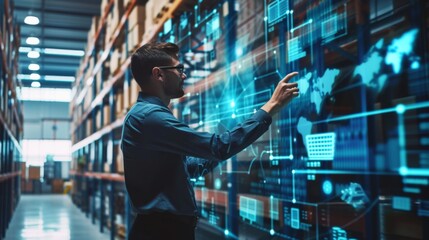 Utilizing a state-of-the-art digital panel, a logistics manager oversees inventory control with precision and efficiency