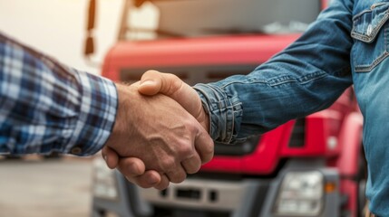 A truck driver warmly shakes hands with a fleet manager, symbolizing a successful partnership in the transportation industry.