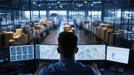 A logistics manager in the control room looks out over a busy distribution center. To track shipments in real time