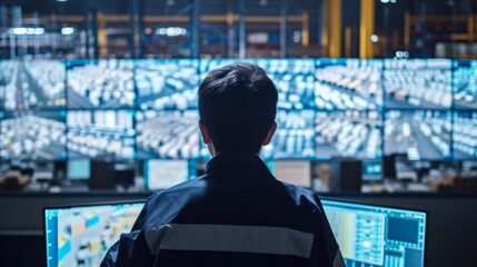 A logistics manager in the control room looks out over a busy distribution center. To track shipments in real time