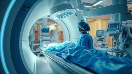 An interventional radiology surgeon performs a catheter-based treatment using X-ray visualization.