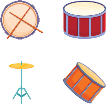 Various drum icons set cartoon vector. Drum of different style and color. Percussion musical instrument