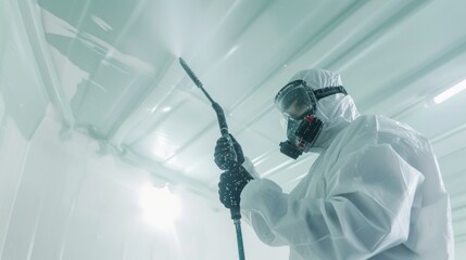 A painter worker uses an airless painting sprayer to evenly cover a ceiling surface in white