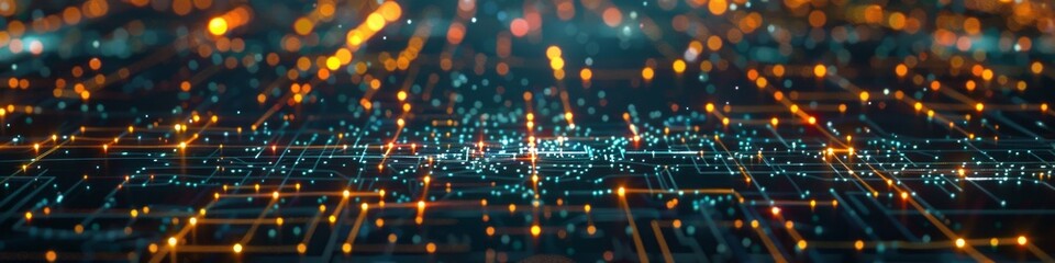 Dark background with a fragmented grid and broken connections, highlighted by sporadic neon glows for a modern tech look