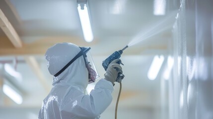 A painter worker uses an airless painting sprayer to evenly cover a ceiling surface in white
