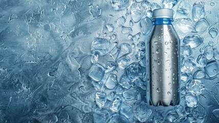 Stainless steel bottle with water droplets next to ice cubes on frosty surface