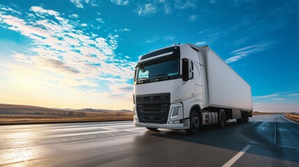 White truck with trailer stands under clear blue sky