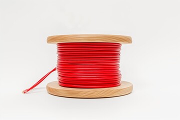 Red electrical wire spool isolated on white background, electrical equipment concept