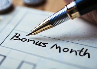 Pen writing "Bonus Month" on paper; concept of financial reward