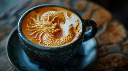 Mythical Dragon Latte Art in Dark Ceramic Cup and Saucer