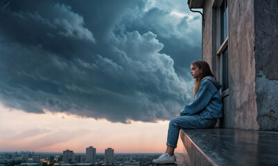 young woman sits on a window sill, looking out at the city skyline, as the storm clouds gather.