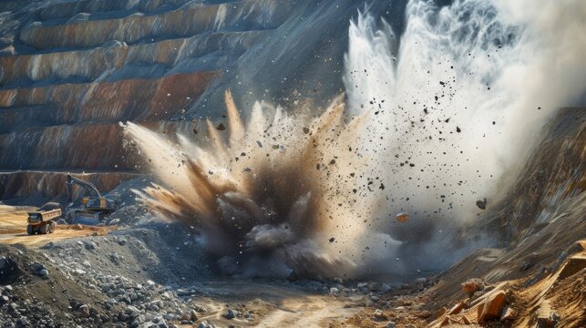 Dramatic explosion blast occurs in an open cast mining quarry
